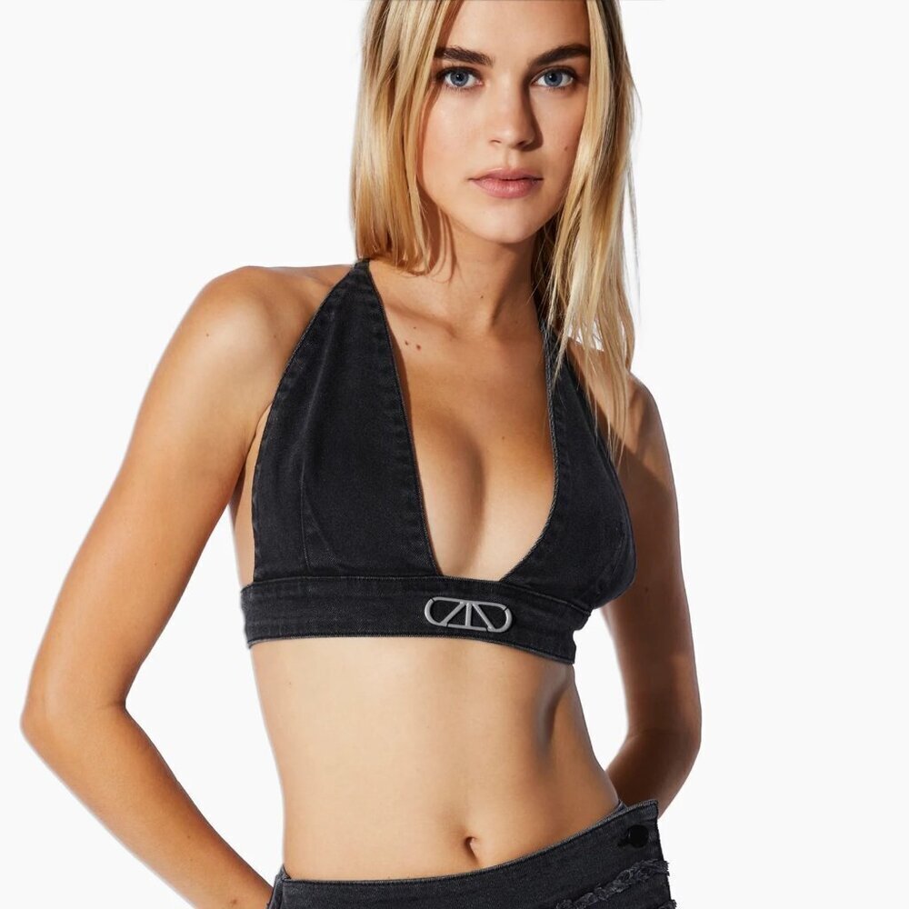 NWT New RtA Sofia Denim Charcoal Top Size L